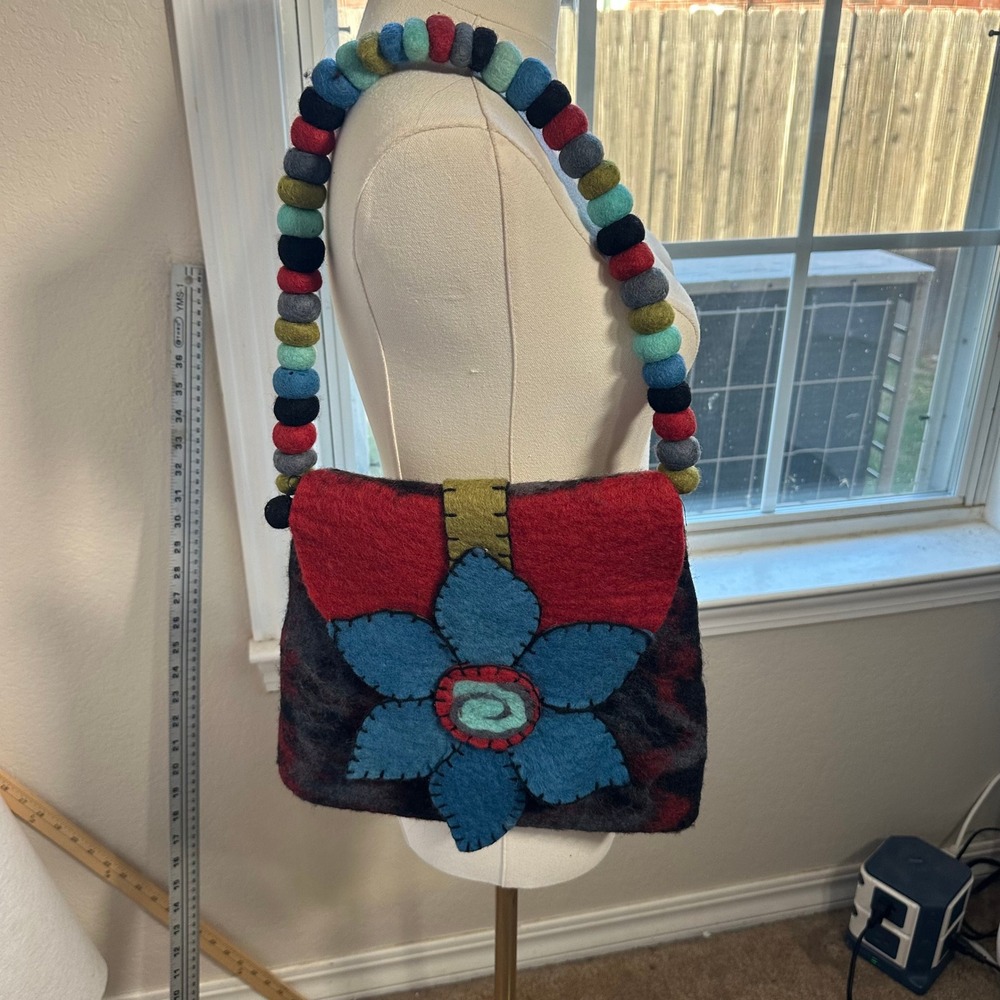 Rising Tide Felted Wool Flower Shoulder Bag Multicolor Boho Handmade Nepal